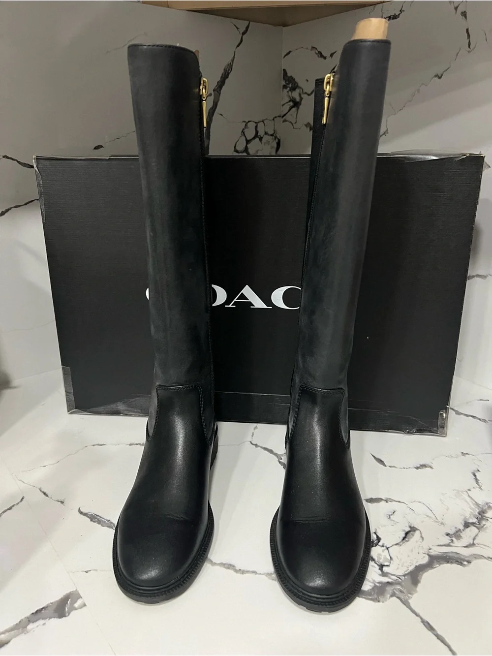 Coach Faith Black Leather Riding Boots with Gold Hardware